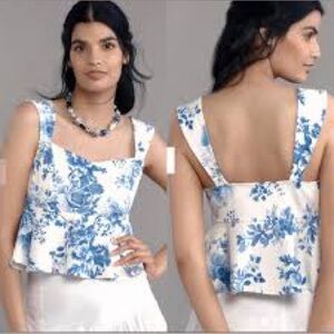 Maeve x Anthropologie - Square-Neck Peplum Blue & White Tank Top- size Large NWT